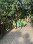 Dzieci stoją w ZOO, oglądają zwierzęta.